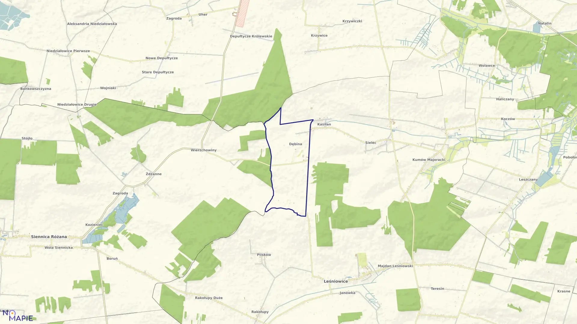 Mapa obrębu DĘBINA w gminie Leśniowice